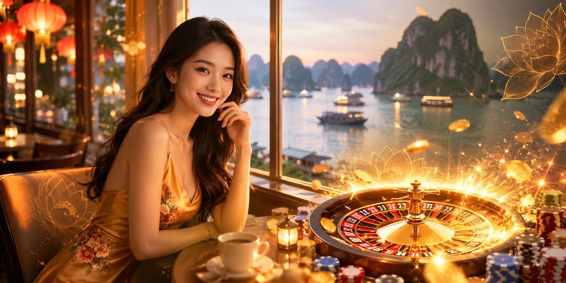 Cảnh chơi roulette trực tuyến với phong cảnh vịnh Hạ Long phía sau – trải nghiệm casino số